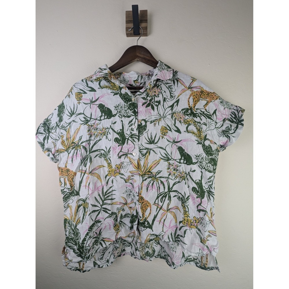 Rachel Zoe Womens L 100% Linen Tropical Jungle Animal Button Up Shirt
